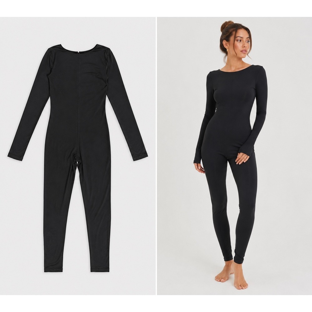 SHEIN Black Long Sleeve Front Zip Jumpsuit Sizeā Medium Solid Stretchy Bodysuit